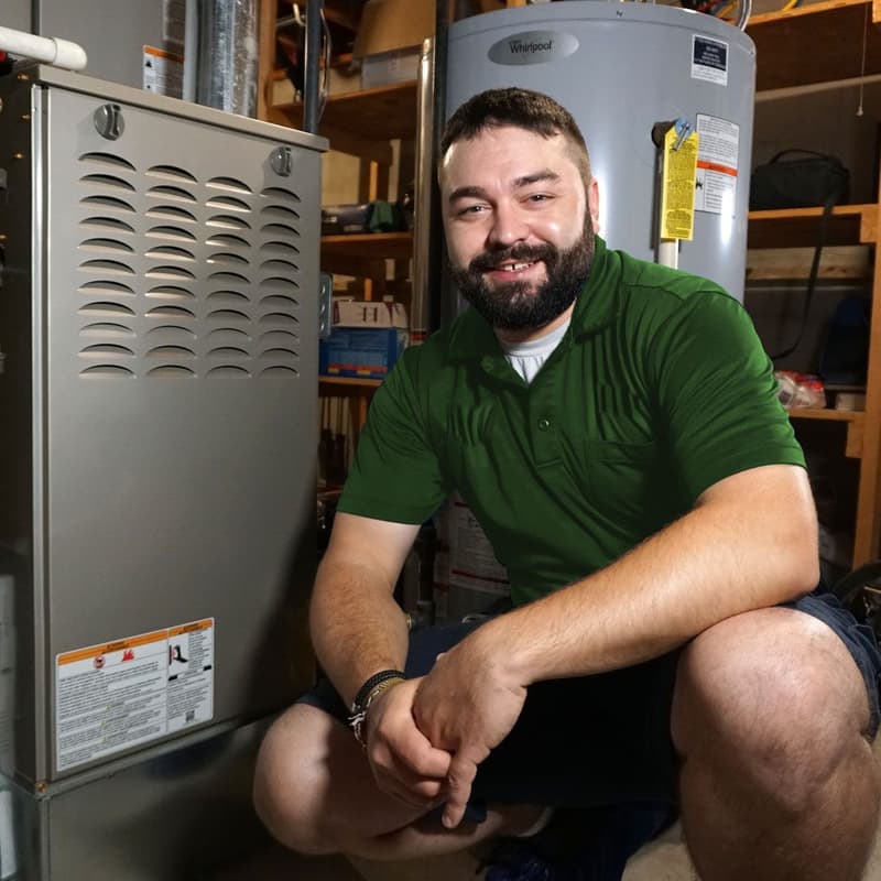 Technician crouching beside furnace and water heater